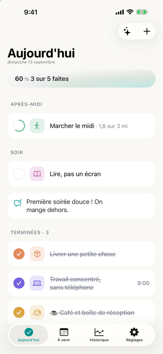Un deuxième écran Aujourd'hui de Consten réglé pour une journée de travail. Une carte de progression indique 60 %, 3 sur 5 faites. Une tâche de marche tire son compte de Santé et en est à 1,8 sur 3 mi, une ligne écrite sur la journée se trouve en dessous, et trois tâches terminées figurent sous Terminées, dont du travail concentré et la livraison de quelque chose de petit.