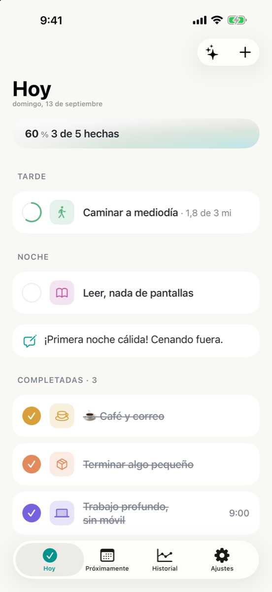 Una segunda pantalla Hoy de Consten preparada para un día de trabajo. Una tarjeta de progreso marca 60 %, 3 de 5 hechas. Una tarea de caminar toma su cuenta de Salud y va por 1,8 de 3 mi, debajo hay una línea escrita sobre el día, y tres tareas terminadas aparecen en Completadas, entre ellas trabajo concentrado y publicar algo pequeño.