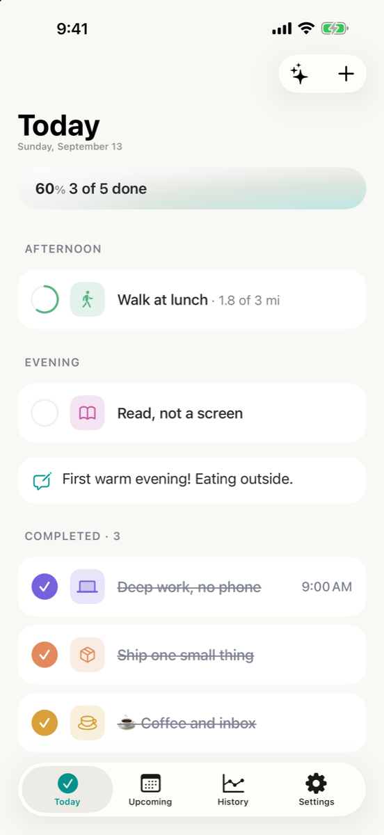 A second Consten Today screen set up for a working day. A progress card reads 60%, 3 of 5 done. A walking task takes its count from Health and reads 1.8 of 3 mi, a written line about the day sits below it, and three finished tasks including deep work and shipping something small sit under Completed.