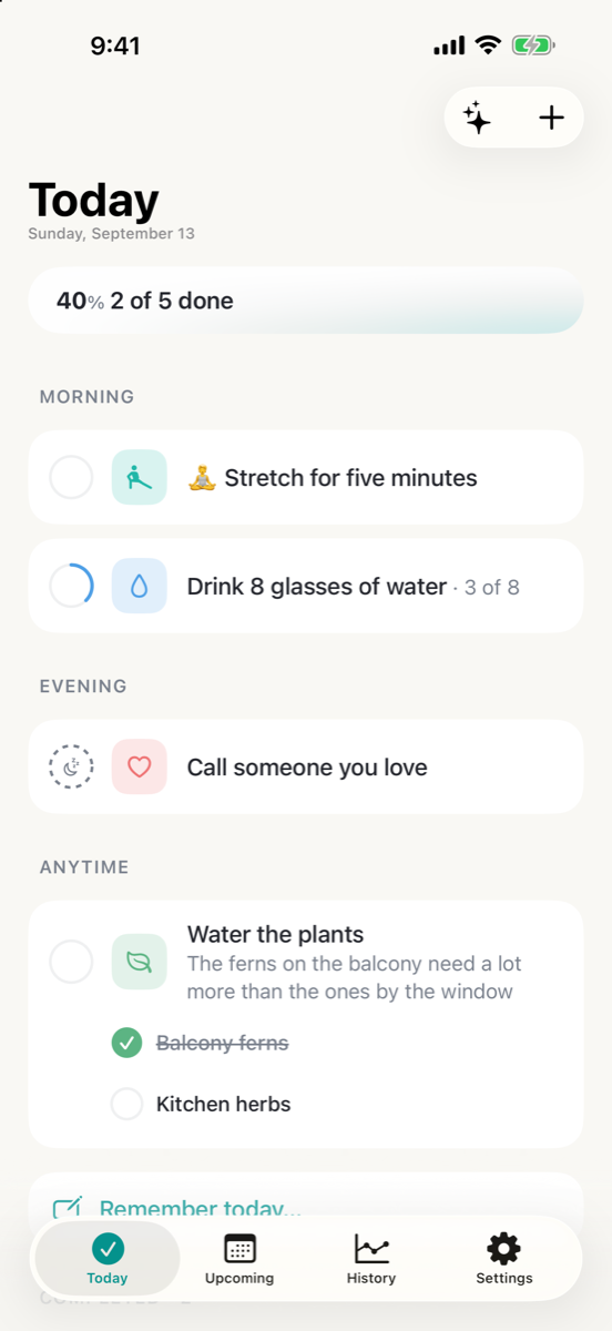 The Consten Today screen. A progress card reads 40%, 2 of 5 done, above tasks grouped under Morning, Evening, and Anytime. One task counts glasses of water and reads 3 of 8, one is a rest day, and one has two sub-tasks with the first ticked.