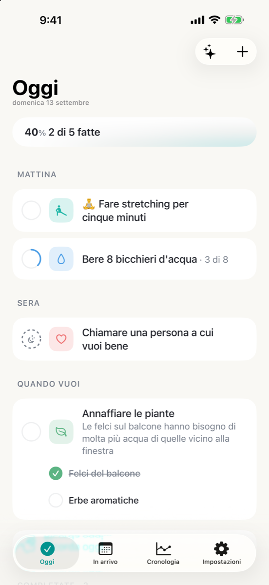 La schermata Oggi di Consten. Una scheda di avanzamento segna 40%, 2 di 5 fatte, sopra attività raggruppate in Mattina, Sera e Quando vuoi. Un'attività conta i bicchieri d'acqua ed è a 3 di 8, una è un giorno di riposo, e una ha due sottoattività con la prima spuntata.
